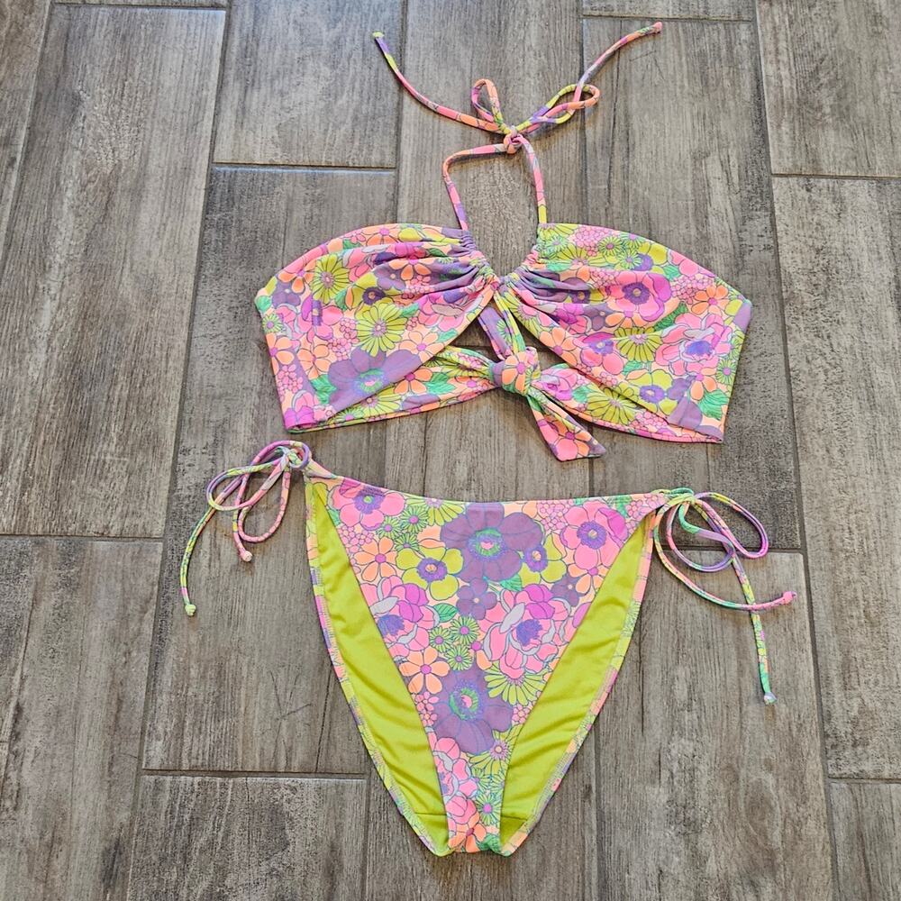 Show Me Your Mumu Tides Bikini Set Size XL Floral Neon Retro Hippie Flower Child